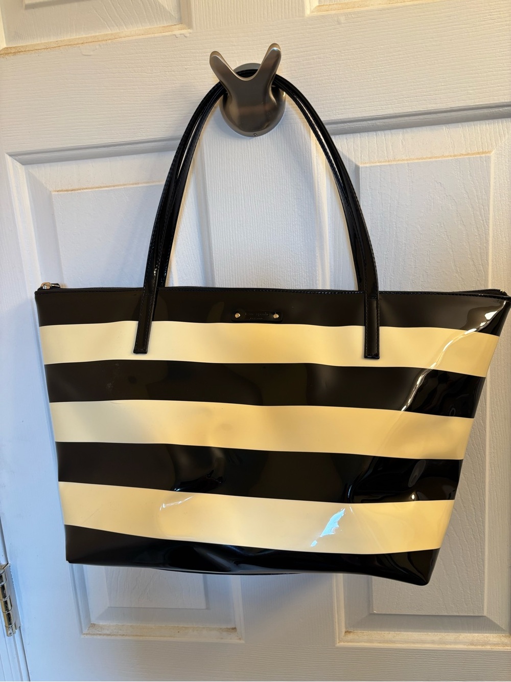 kate spade Black and Cream Striped Patent Tote